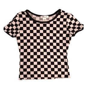 PI by J Checkerboard Ribbed T Shirt Black White Short Sleeve Large Juniors